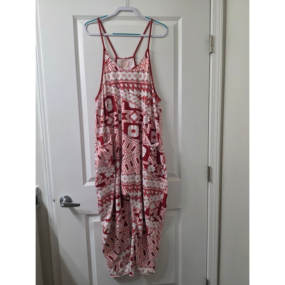 Free People FP Movement Hot Shot Printed Jumpsuit Red White Floral Geometric L